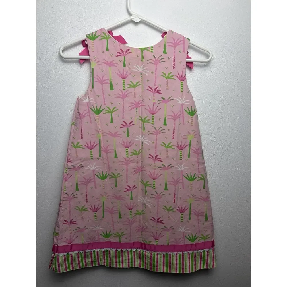 Beanstalk Originals Girls 6X Pink Palm Tree Dress Bows Ruffle Made USA